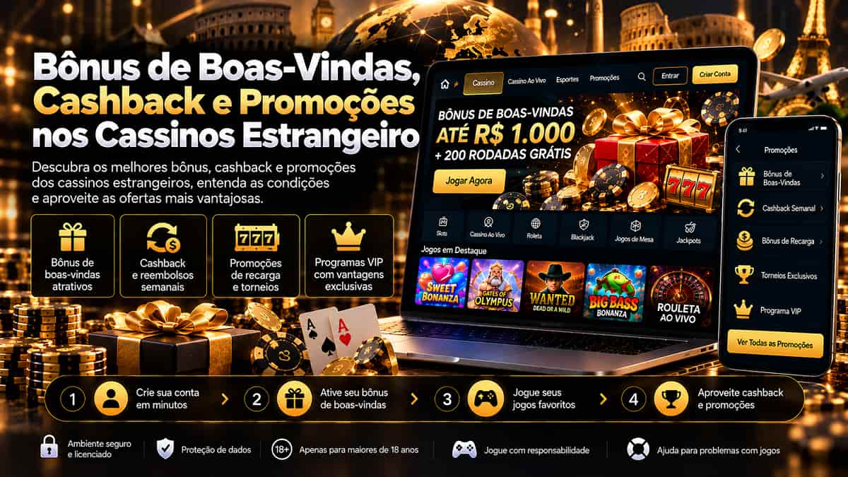 Bônus de Boas-Vindas, Cashback e Promoções nos Cassinos Estrangeiro em banner com notebook, celular, bônus e fichas de cassino.