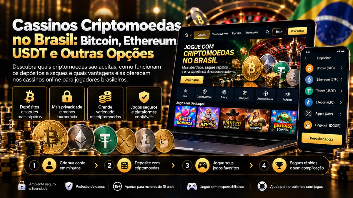 Cassinos Criptomoedas no Brasil: Bitcoin, Ethereum, USDT e Outras Opções em banner com notebook, celular e moedas digitais.