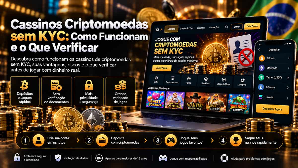 Banner de Cassinos Criptomoedas sem KYC: Como Funcionam e o Que Verificar com notebook, celular e moedas digitais.